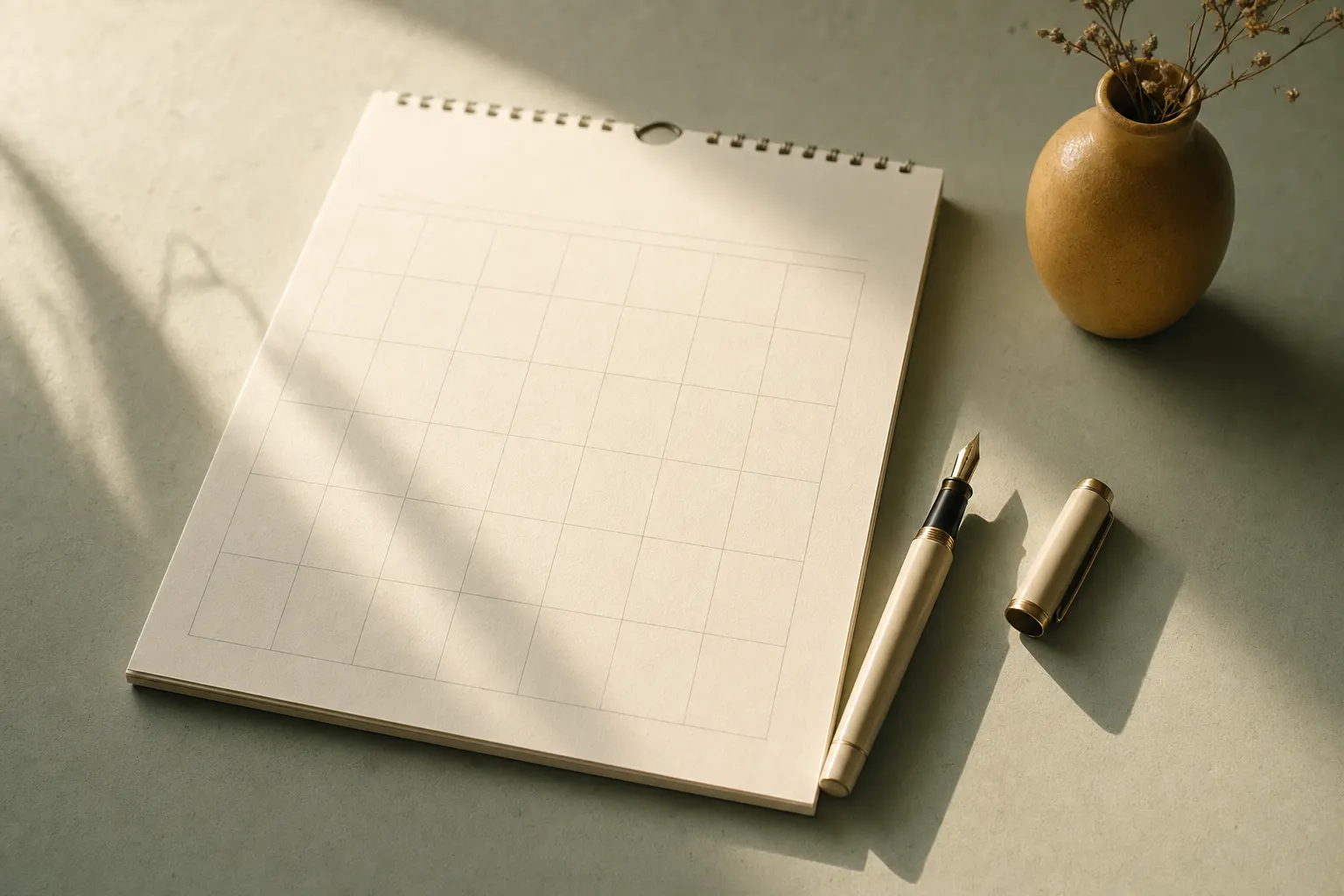 Calendrier mural et stylo sur un bureau clair