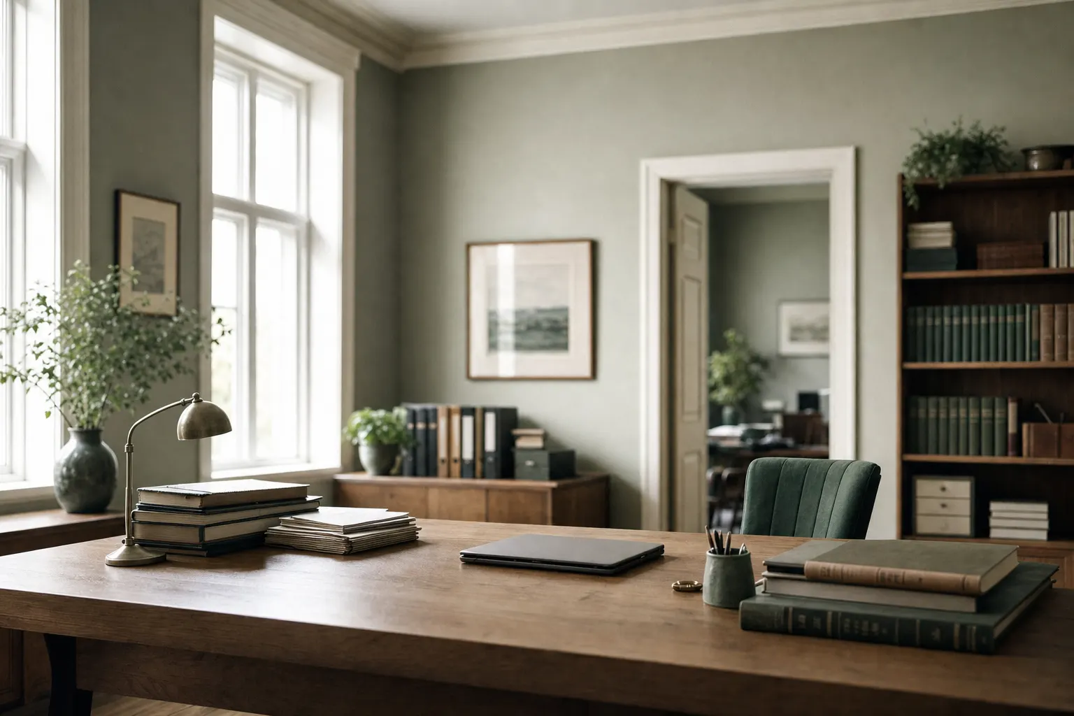 Bureau du cabinet, registres et lumière du matin