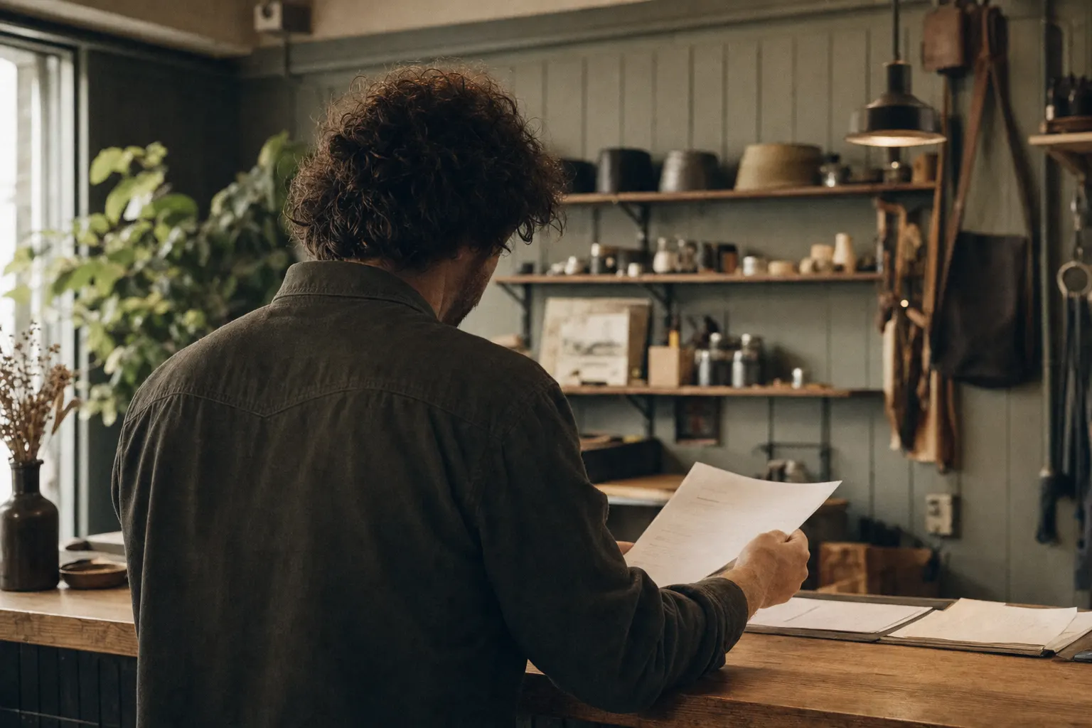 Artisan examinant ses documents sur un comptoir